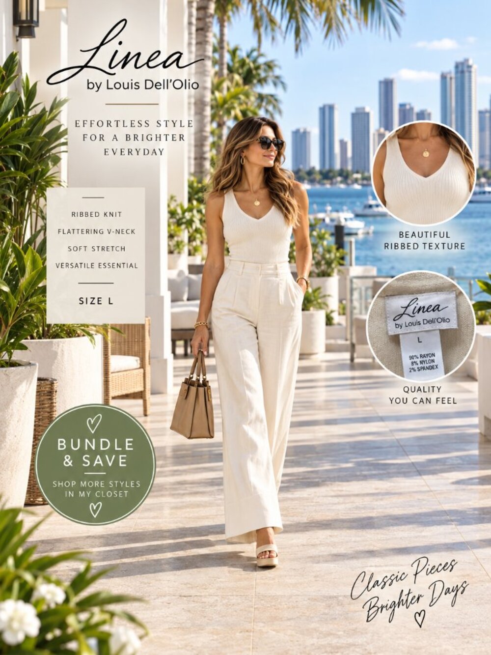 Linea by Louis Dell’Olio Ivory Ribbed Knit Tank Top L Quiet Luxury QVC